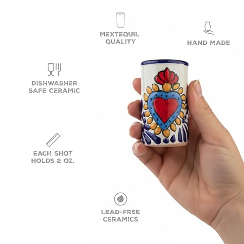 Image of Talavera Shot Glasses Set of 4 Authentic Mexican Tequila Shot Glasses - Hand-painted - 2 Oz (Azure Heart)