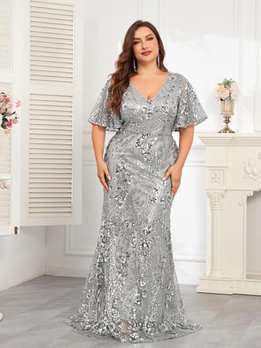 Image of Plus Size Glamous Short Sleeves Womens Sequin Dress Formal Gowns Evening Glitter Mermaid Prom Dress