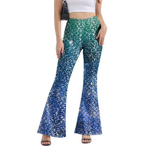 Seizesoul Mermaid Bell Bottom for Women Fish Scale Printed High Waisted Flare Leggings Pants Fit Casual Party