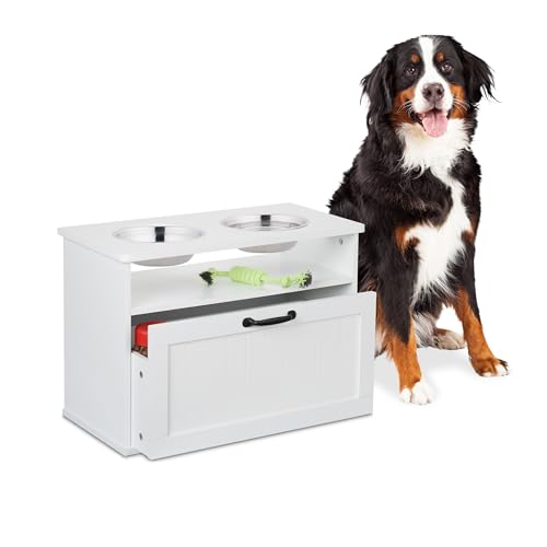 Relaxdays Futterstation Hund, 2 Hundenäpfe, Stauraum, HxBxT: 42 x 60 x 30 cm, erhöhte Hundebar, MDF, Hundeschrank, weiß