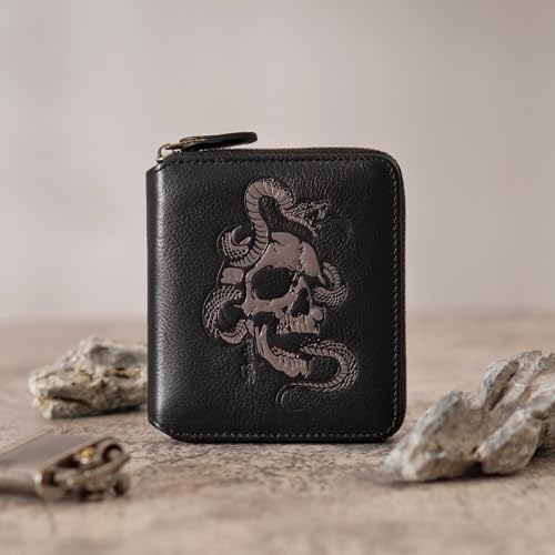 skneephate Mens Wallet Zipper,Skull Men's Leather Wallets With Coin Pocket, Multi-Functional,RFID Blocking,Gifts for Him (black)