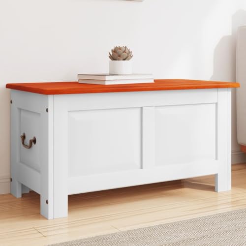 Teenpull Baúl con tapa, madera maciza de acacia marrón y blanco, 90 x 45 x 47 cm, caja versátil para juguetes, mantas, cojines