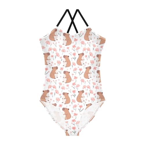 senya Girls Swimsuits One-Piece Swimwear Tie Bathing Suit Beach Summer Round Neck 9-10T Capibara Pattern