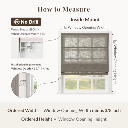 Image of TWOPAGES Liz No Drill Cordless Roman Shades Linen Textured Roman Blinds for Windows, Custom Made Room Darkening Blackout Roman Window Shades, Hardware Included, Taupe Grey, 1 Piece