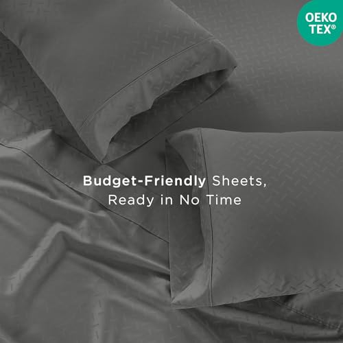 Threadmill Cotton Queen Sheet Set | 100% Cotton Sheets for Queen Size Bed | Damask Jacquard Queen Bed Sheets Set with 16” Deep Pocket | Soft Sateen Weave 4-Piece Cooling Bedding Set | Dark Grey