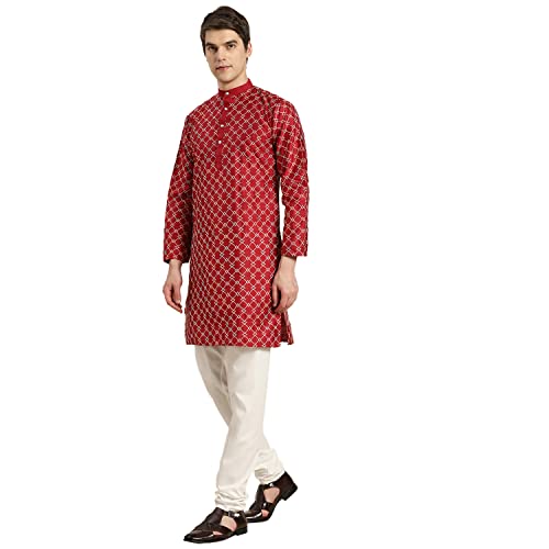 Image of SOJANYA, Men's Silk Blend NavyBlue Kurta with Multi Color Embroidery and Off-White Pyjama