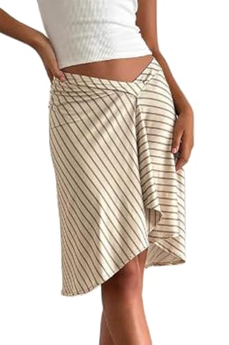 Women Y2k Low Rise Striped Maxi Skirt Asymmetrical Low Waist Ruffle Long Skirts Vintage Coquette A-line Skirt