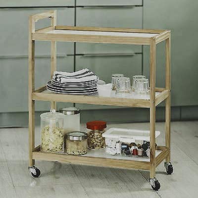 Image of 3-Tier Solid Wood Rolling Bar Cart - Wine Serving Trolley with Wheels, Kitchen Storage, Seasoning Rack - Dining Room (Brown Polish, Style 5)