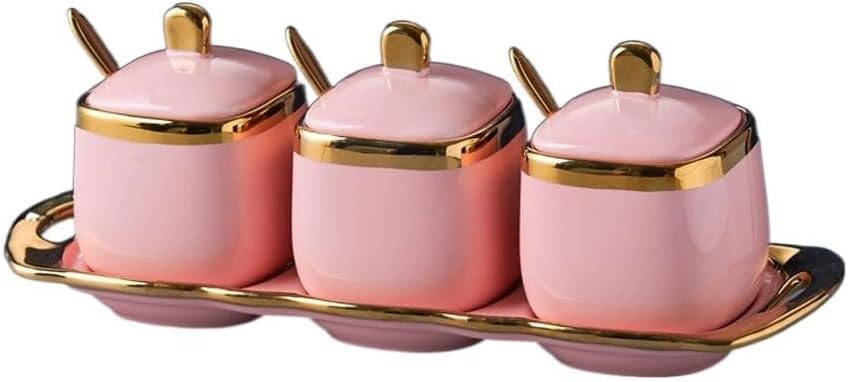 Set of 3 Ceramic Condiment Pots with Trays, Condiment Jars Containers with Lids and Spoons, Porcelain Sugar Salt Bowls Set, Spice Seasoning Box for Kitchen, Restaurant, Counter, Home (Color :