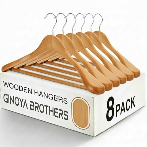Image of Ginoya Brothers Wide Shoulder Wooden Hangers, Suit Hangers with Non Slip Pants Bar, Smooth Finish 360 Swivel Hook Solid Wood Coat Hangers for Dress, Jacket, Heavy Clothes Hanger. (8)