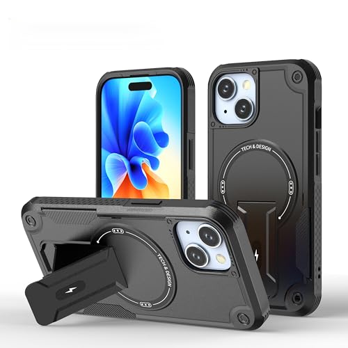 Etui Kompatybilne z MagSafe do iPhone, Magnetyczne Pokrowiec na Telefon Wstrząsoodporne ze Stojakiem, Hybrydowe Case na Telefon z Wzmocnionymi Rogami (czarny, iPhone 15 Pro)