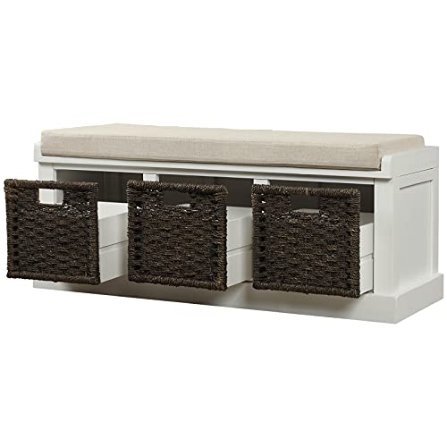 Noyy Rustic Storage Bench With 3 Removable Classic Rattan Basket, Entryway Bench Storage Bench With Removable Cushion（White） #TOP4