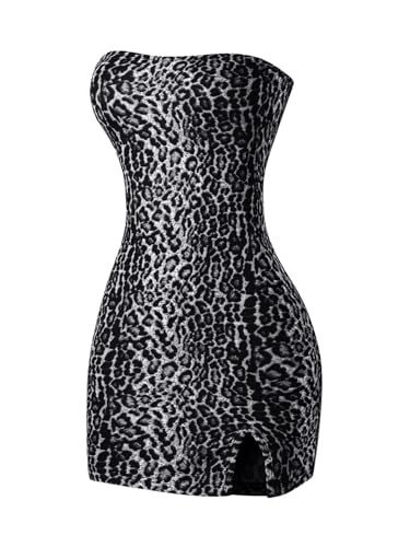 Image of Floerns Women's Leopard Print Sleeveless Tube Top Club Dress Split Bodycon Mini Dress