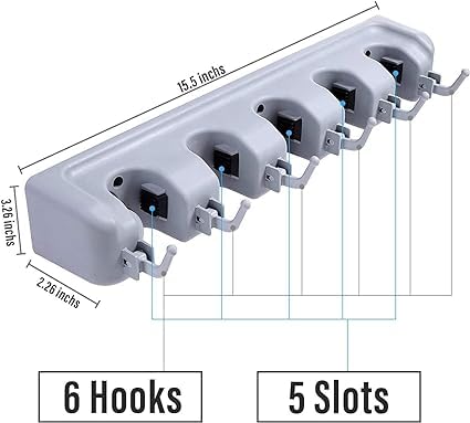 Firtaza 5 Slot Position with 6 Hooks Garage Storage up to 11 Organizer Tools Strong Mop and Broom Holder - 5 Slots with 6 Inbuilt Hanging Hooks (Standard). 4