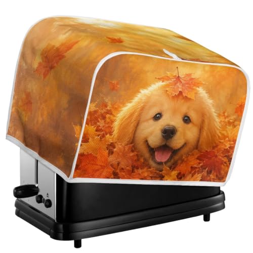 Image of Talayituse Cute Dog Maple Leaf Print 4 Slice Toaster Dust Covers Kitchen Small Appliance Cover, Stain Resistant Dust Protection Bread Machine Cover with Top Handle Autumn Decor, L