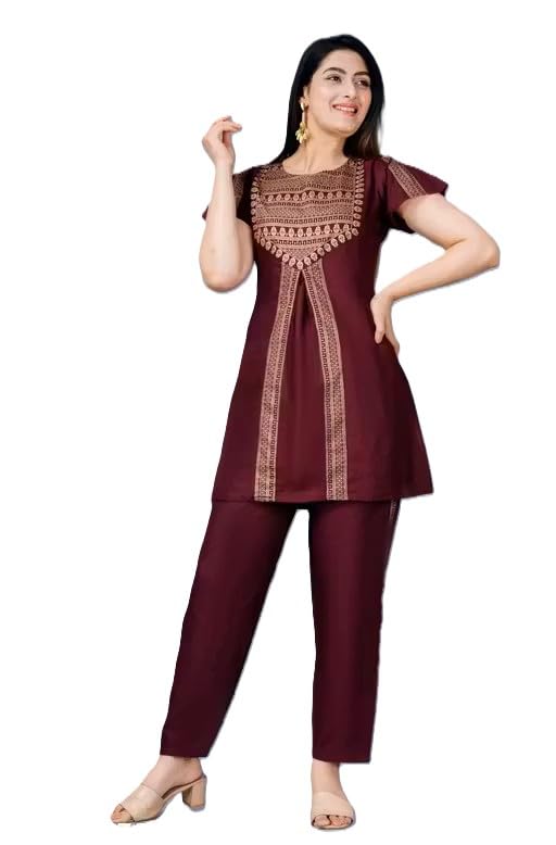 Women's Embroidered Kurti with Matching Pants, Maroon, Co-ord Set, Ethnic Wear, Flutter Sleeves-image-44