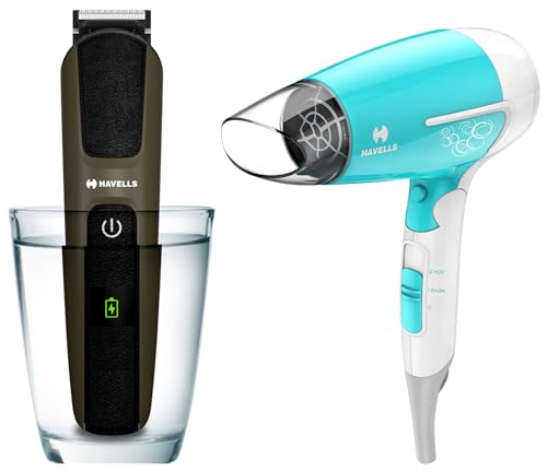 Image of Havells HD3151 1200 Watts Foldable Hair Dryer; 3 Heat (Hot /Cool /Warm) Settings including Cool Shot button & Havells BT5115 Corded Electric Beard Trimmer for Men, IPX7 Fully Washable Body