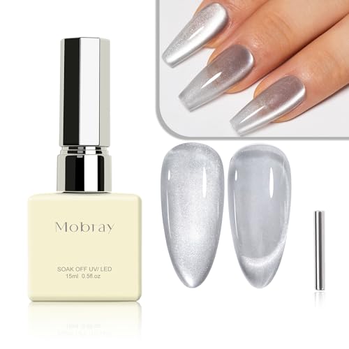 Mobray Esmalte de gel para olhos de gato de cristal prata 15 ml UV luar olho de gato esmalte com ímã