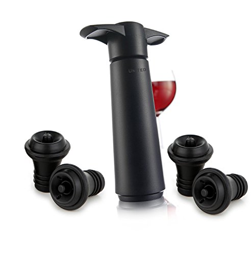 El Original Unidos conservante para Ahorro de Vino Bomba de vacío con 4 Tapones para Botellas – Black