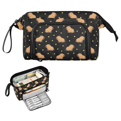 Image of Capybara Stars Black Pencil Case Pouch Big Capacity Pencil Bag Box Organizer Pen Case with Compartmens Stationery Organizer for Girls Boys Adults Women School Office