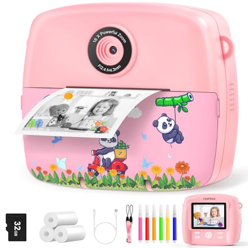 CNAPXAIA Kinderkamera Sofortbildkamera, 2,4" Fotokamera Sofortdruck mit 32GB Karte & 3 Rollen Druckpapier, Kreative Geschenk Spielzeug für Mädchen Von 3 bis 12 Jahre