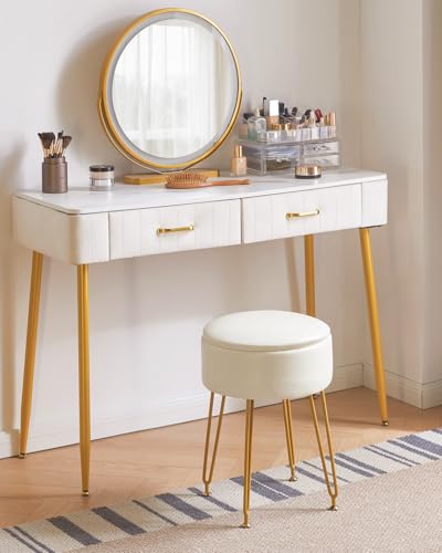 IBUYKE Faux Leather Round Footrest Stool with Storage Ottoman, Makeup Vanity Chair Side Table, PU Dressing Table Seat, Removable Cover, Golden Steel Legs, White WBD024W - Cosy Home Interiors IBUYKE Faux Leather Round Footrest Stool with Storage Ottoman, Makeup Vanity Chair Side Table, PU Dressing Table Seat, Removable Cover, Golden Steel Legs, White WBD024W - Image 5