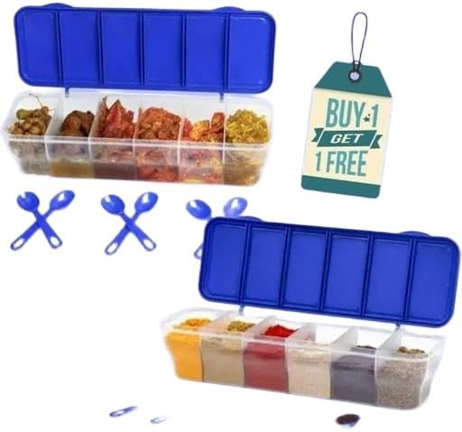 2PIS Set Multipurpose 6-in-1 Masala Box for Kitchen| Airtight BPA-Free Plastic 6 Section Storage Container with 6 Spoons, 1800 ml Transparent Pickle Box for Spices| Dry Fruits, Snacks_AP_09