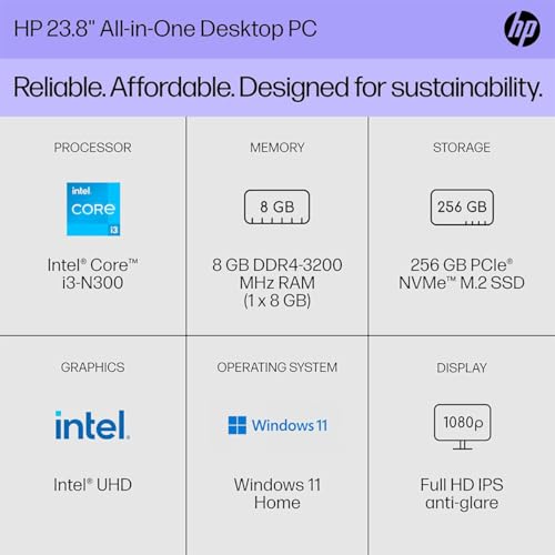 Image of HP 23.8 inch All-in-One Desktop PC, FHD Display, Intel Core i3-N300, 8 GB RAM, 256 GB SSD, Intel UHD Graphics, Windows 11 Home, 24-cr0030 (2023)