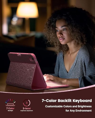 Image of typecase Folio Keyboard Case for iPad A16 (11th) & iPad 10th Gen 10.9 inch (2022), Magnetic Wireless Detachable Keyboard, 7-Color Backlight, Thin & Light, Pencil Holder -Rose Red Glitter