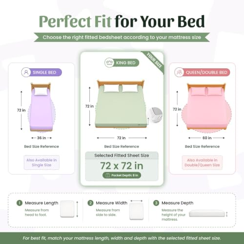 Image of LORETO - A QUALITY LINEN BRAND 144 TC 100% Pure Cotton King Size Fitted Bedsheet with 2 Pillow Covers for 72 x 72 Inch Mattress, All-Around Elastic, 8 Inch Deep Pocket, Sage Green Floral Harmony