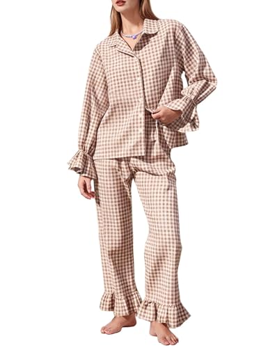 Flygo Womens Gingham Pajamas Sets Cotton Plaid Pjs Ruffled Sleeve