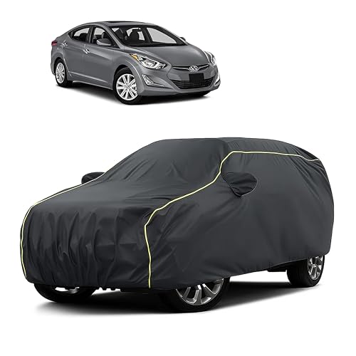 Image of Sulfar 100% Water Resistant Car Body Cover Compatible with Mirror for Hyundai Elantra (Triple Stitched, Full Bottom Elastic, Dark Grey Taffeta with Yellow Piping)