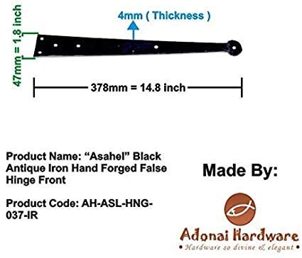 Adonai Hardware "Asahel" Heavy Antique Iron Hand Forged Strap False/Faux/Dummy Front Hinges (Black Powder Coated) For Vintage Barn Doors, Gates, Furniture, Garage, Shutters And Fences #TOP6