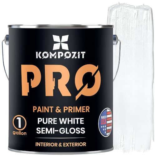 KOMPOZIT Acrylic Paint & Primer (2-in-1) - Pure White Semi Gloss - Interior & Exterior Painting House - Walls Ceilings Doors Trim All-purpose Quick-drying Odorless Paint - Made in USA (1 Gallon)