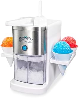 Nostalgia SnowPro Electric Shaved Ice & Snow Cone Maker 64-Ounce Ice Shaving Capacity, 4 Reusable Cones, Side Shelves, and Scoop Included