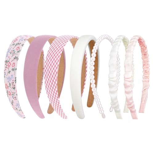Giantree Juego de 7 diademas para mujeres y niñas, diademas antideslizantes con diseño floral y perlas, accesorio vintage rosa