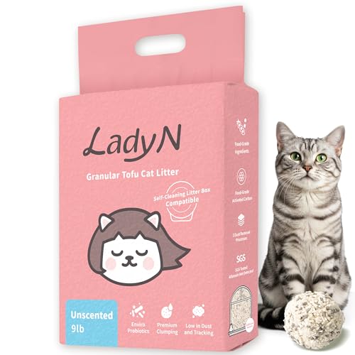 Lady N Granular Tofu Cat Litter Mini-Pellet Compatible with Automatic Self Cleaning Cat Litter Box, Strong Clumping, Low Dust, Odor Control Activated Charcoal 9lb