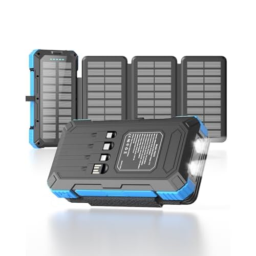 Solar Charger Power Bank 49800mAh with 4 Built-in Cables & 3 Foldable Panels, PD22.5W Fast Portable Phone Charger, External Battery Pack with USB-C in/Output & Flashlight for Outdoor Camping