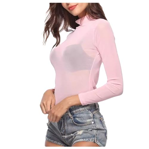 Letuwj Camiseta ajustada de manga larga para mujer, cuello alto, malla transparente, rosa, XXL