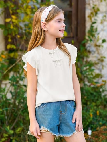 Haloumoning Girls Ruffle Short Sleeve T Shirts Kids Summer Bow Tie Smocked Blouses Cute Tops 5-14 Years2