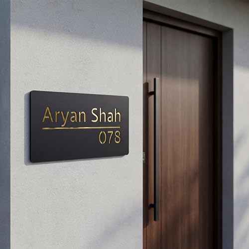 Image of Name Plate Home Entrance Outdoor - Customised Acrylic House Name Plate | Personalized Door Name Plate with Gold Mirror Letters | Modern Name Board for Home, Flat, Apartment & Office (Gold, 20x10 cm)
