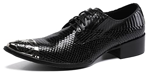 Santimon Mens Dress Oxfords Metal Pointed Toe Snake Print Genuine Leather Formal Classic Lace-Up Business Nightclub Wedding Shoes Black 10.5 #TOP12