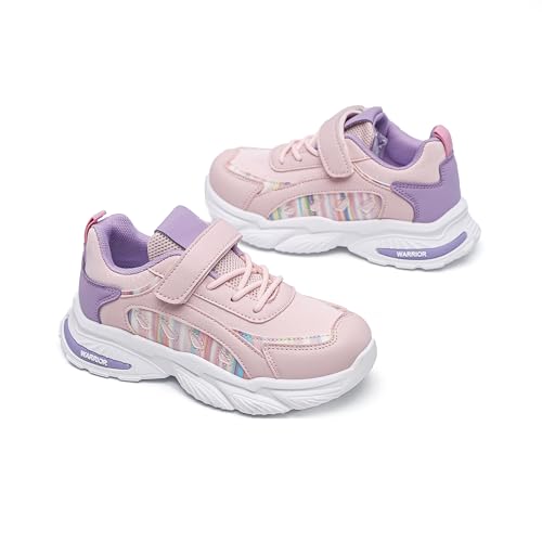 Kids Athletic Sneakers, Pink and Purple, Hook and Loop Closure, Mesh Breathable Running Shoes