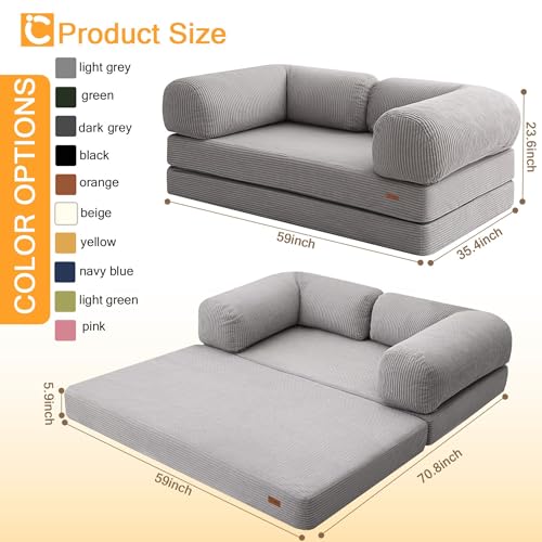 COMAX Folding Sofa Bed Queen, 4-in-1 Foldable Floor Couch Convertible Futon Sofa with Armrests Sleeper Mattress Chair Bed Comfy Portable Fold Out Lounge Guest for Living Room Bedroom, Light Grey