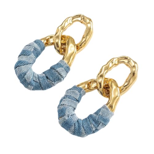 Statement Earrings, 2-Link Chain Dangle with Blue Denim Fabric Wrap
