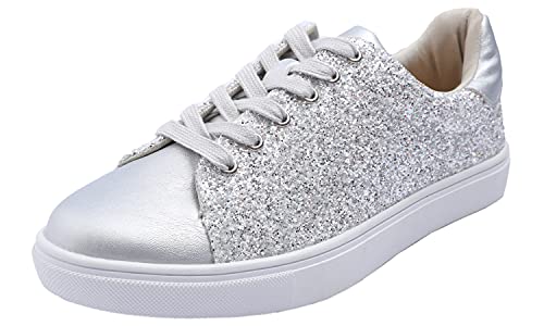 Image of FEVERSOLE Women's Fashion Lace Up Dress Sneakers Sparkly Party Shiny Shoes