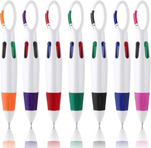7pcs Retractable Shuttle Pens with Carabiner Clip, 4-in-1 Ballpoint Pens Portable Multicolor Pen Buckle Keychain on Top for Office School Stationery Supplies Students Adults Kids Gifts Party Favors