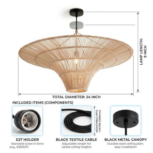 Image of Bamboo Light for Balcony | Ratten Lamp Shade for Living Room | Cane Indoor Light | Ceiling Hanging Light | Style Umberella` (Large, Dia-24 inch) for Medium to Large Size Area