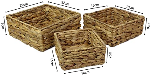 Small Square Water Hyacinth Storage Basket - Natural Wicker Shelf Organiser for Bathroom Makeup & Jewellery (Set of Three, 1 x Basket) - Image 3