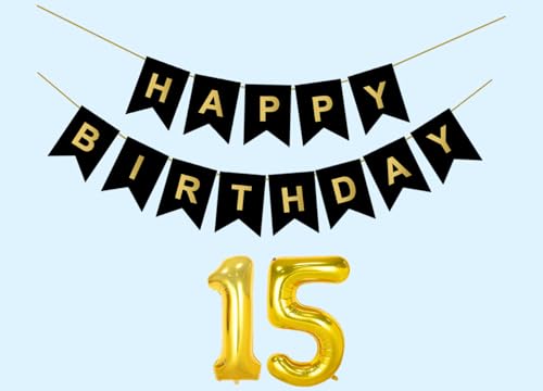 Image of 15th Happy Birthday Decoration Kit Black for 15 year Old Boys Girls Teenage with Number FifteenParty Decorations Decor Celebration Items Item Set Combo Reusable Paper Banner